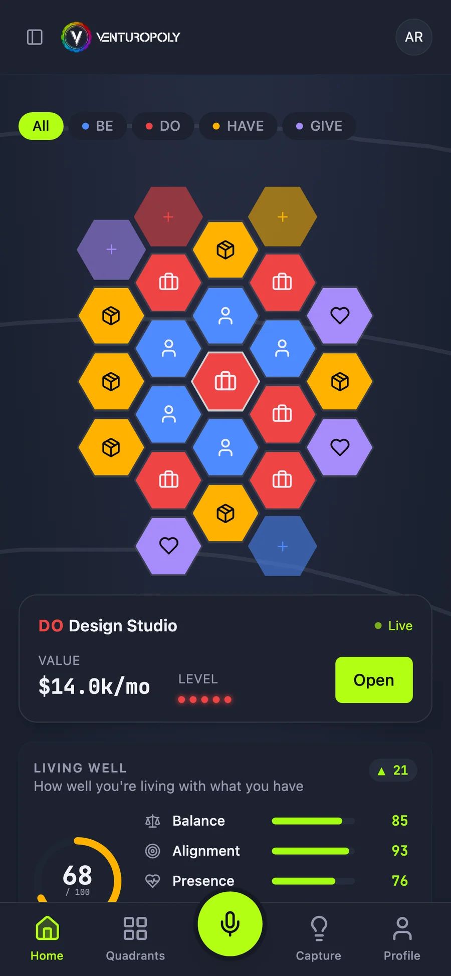 The Dashboard app on a phone: the life honeycomb, one cell per value, venture, asset and cause, coloured BE, DO, HAVE and GIVE