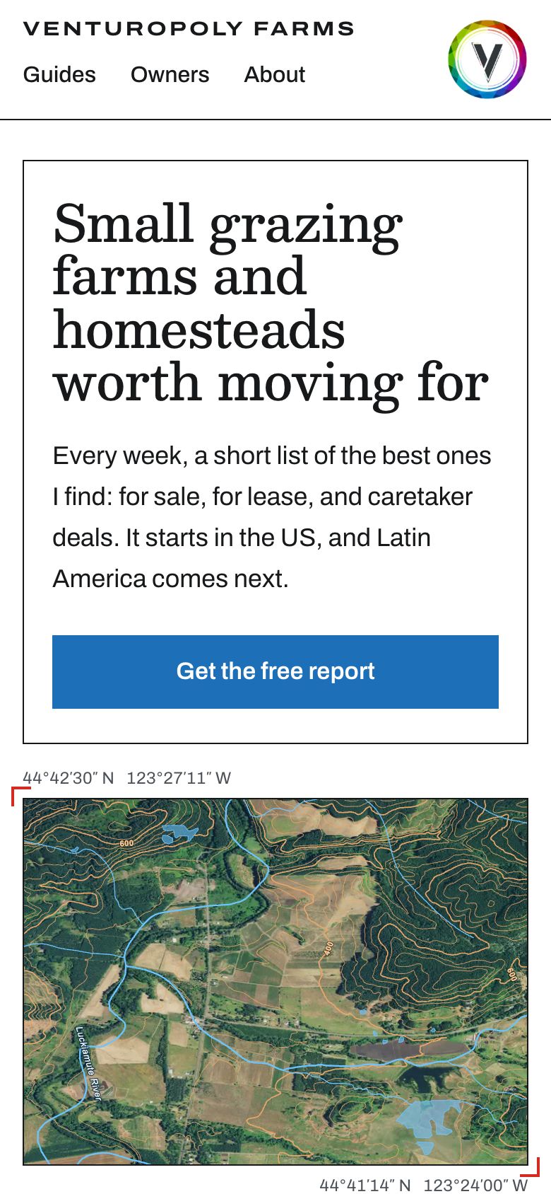 The V-Farms home screen on a phone: Small grazing farms and homesteads worth moving for, with the Get the free report button over a survey map