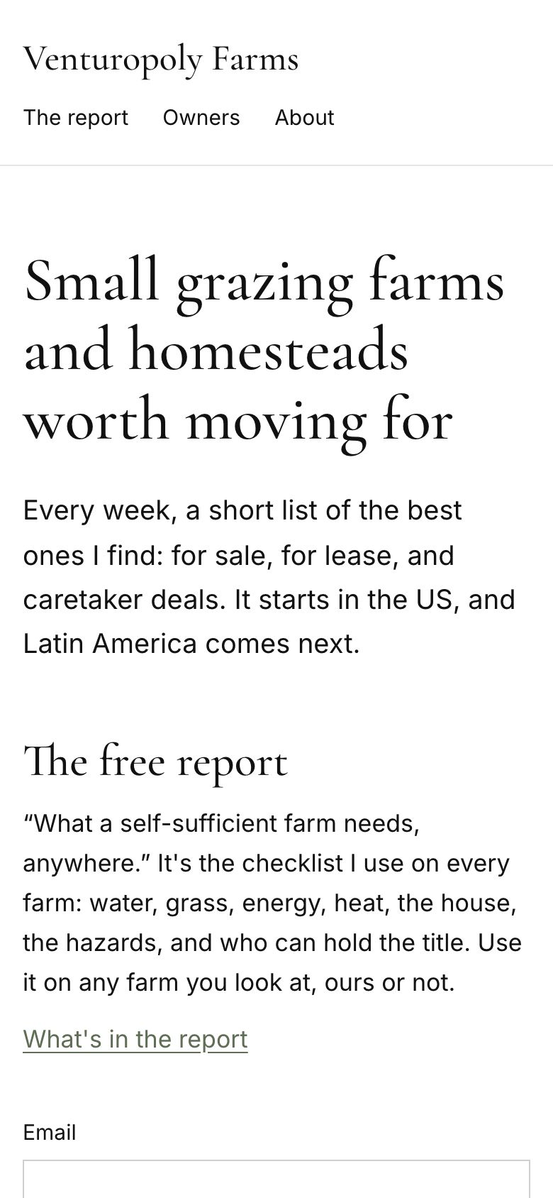 The V-Farms home screen on a phone: Small grazing farms and homesteads worth moving for